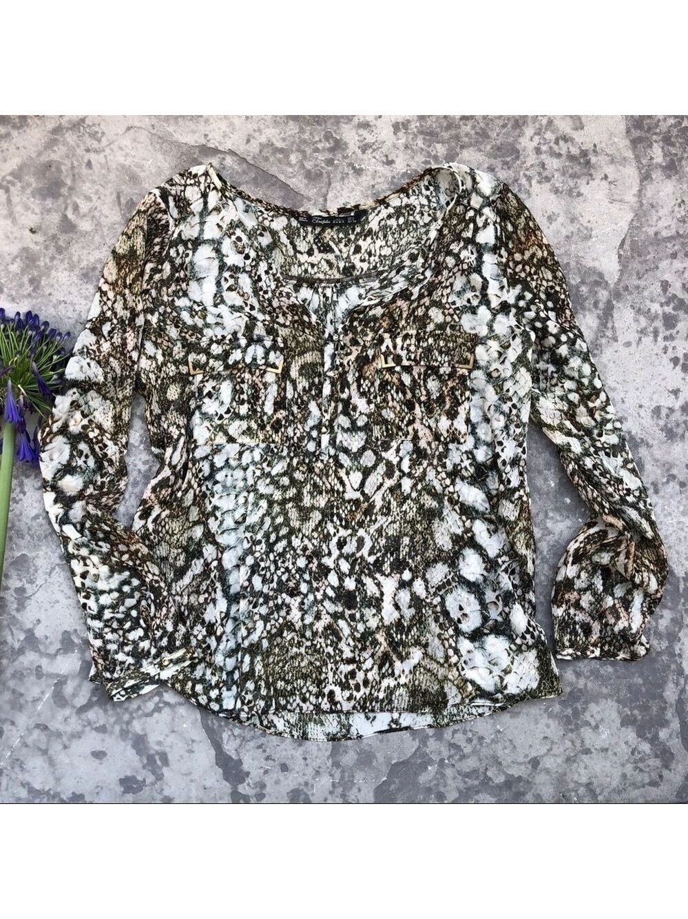 Zara trafaluc sheer long sleeve snake SILK blouse